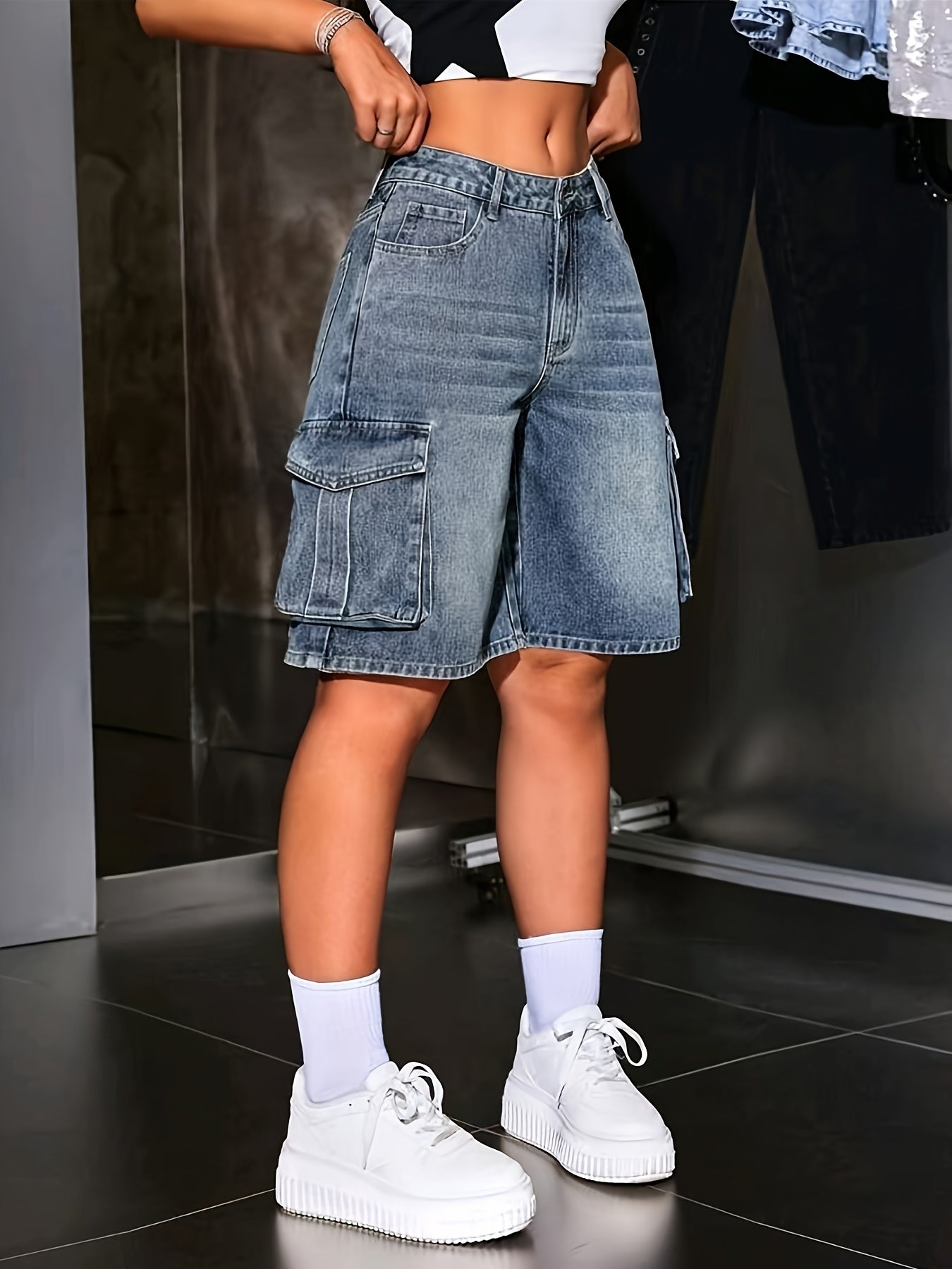 Vintage Style Women'S Bermuda Denim Shorts, Solid Color, Medium Stretch with Pockets, Casual Spring/Summer Jean Shorts
